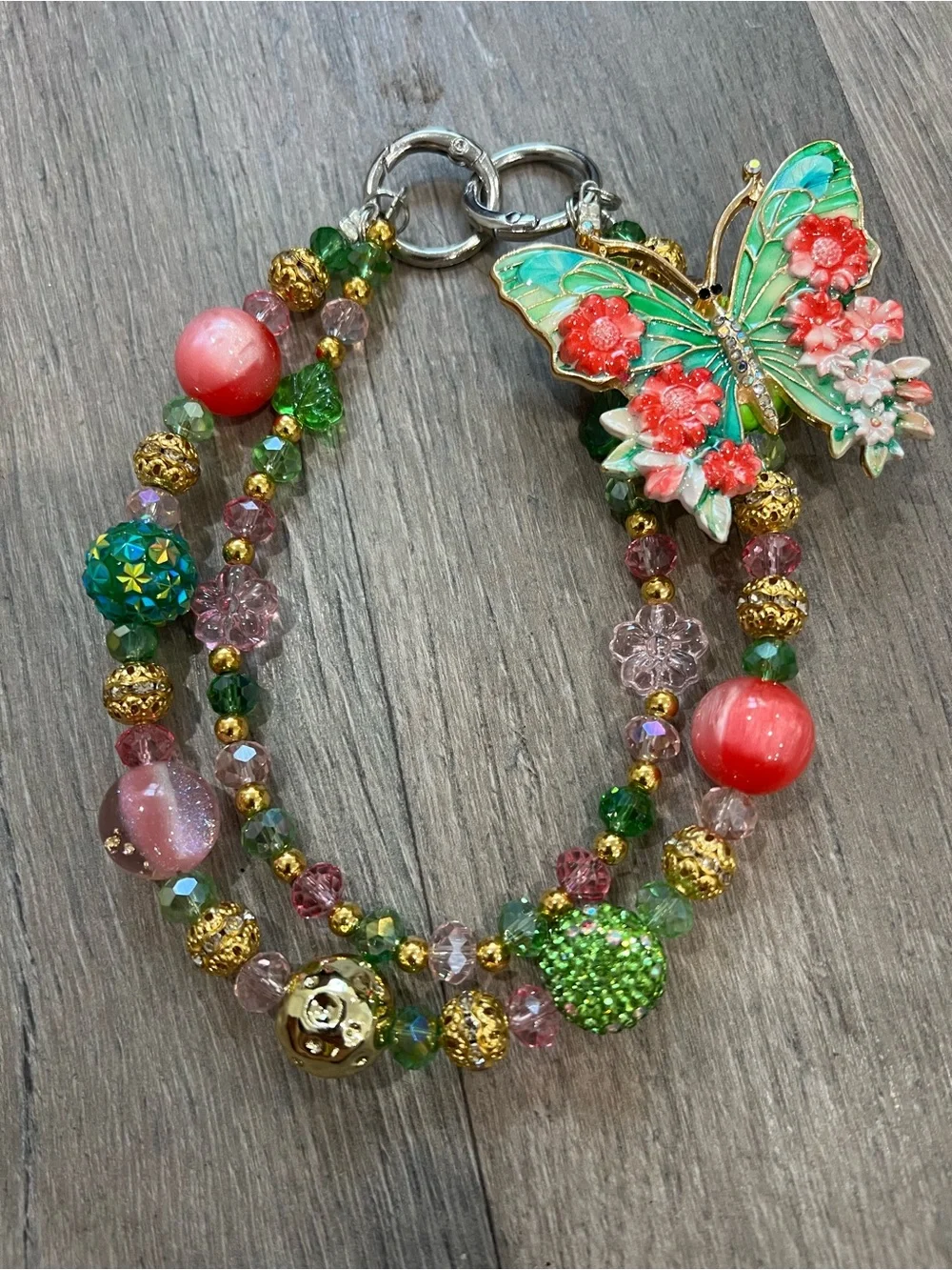 Handcrafted Butterfly Charm Beaded Bracelet - Green & Pink